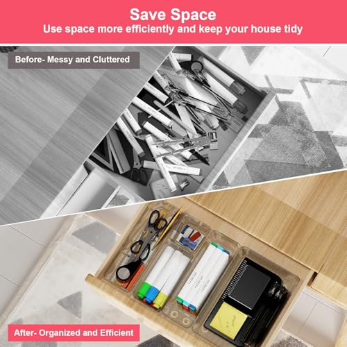 Comfylichi 15 Piece Clear Plastic Drawer Organizers Set - 4 Sizes Bathroom & Dresser Storage Bins, Stackable Kitchen Desk Organizer Trays for Makeup, Jewelry, Utensils, Junk, Gadgets - Image 3