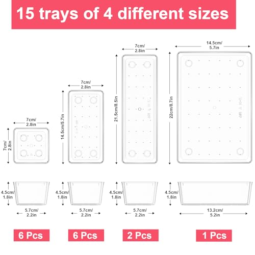 Comfylichi 15 Piece Clear Plastic Drawer Organizers Set - 4 Sizes Bathroom & Dresser Storage Bins, Stackable Kitchen Desk Organizer Trays for Makeup, Jewelry, Utensils, Junk, Gadgets - Image 2