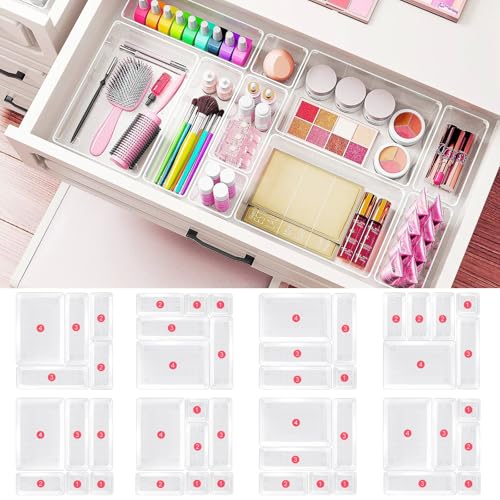 Comfylichi 15 Piece Clear Plastic Drawer Organizers Set - 4 Sizes Bathroom & Dresser Storage Bins, Stackable Kitchen Desk Organizer Trays for Makeup, Jewelry, Utensils, Junk, Gadgets - Image 5