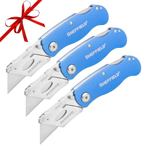 Sheffield 12514 Folding Utility Knife 3 Pack,Stocking Stuffers, Gifts for Men, Dad Gifts, Quick Change Utility Knife Blades, Compact Aluminum Handle, Box Cutter, Razor Blades Included - Image 1