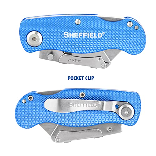 Sheffield 12514 Folding Utility Knife 3 Pack,Stocking Stuffers, Gifts for Men, Dad Gifts, Quick Change Utility Knife Blades, Compact Aluminum Handle, Box Cutter, Razor Blades Included - Image 3
