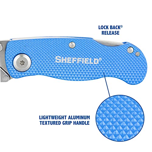 Sheffield 12514 Folding Utility Knife 3 Pack,Stocking Stuffers, Gifts for Men, Dad Gifts, Quick Change Utility Knife Blades, Compact Aluminum Handle, Box Cutter, Razor Blades Included - Image 5