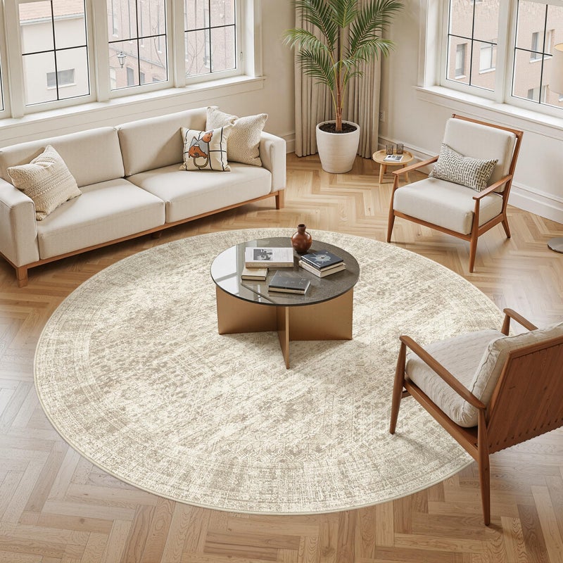 Soalmost 9x9 Beige Round Rug 9ft Living Room Circle Rug Vintage Round Area Rug Non Slip Indoor Carpet for Apartment - Image 2