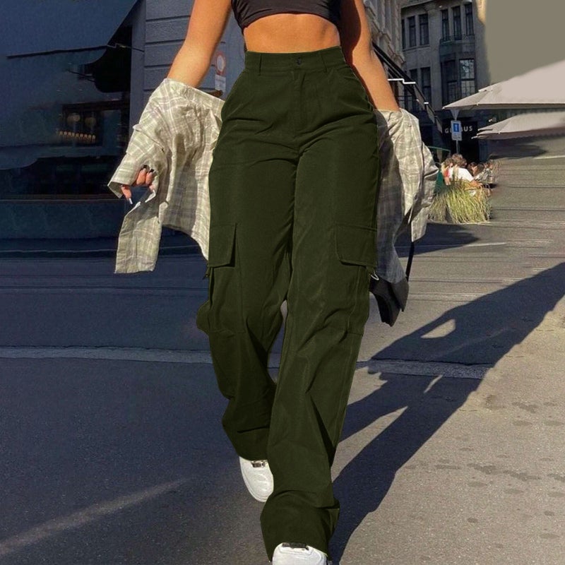 Women's Street Style Multi-Pocket Cargo Straight Leg Pants High Waist Loose Fit Trousers