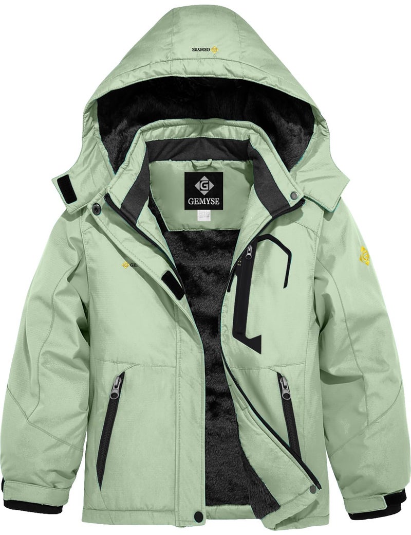 GEMYSE Girl's Waterproof Ski Snow Jacket Fleece Windproof Winter Jacket with Hood(Aqua green,8) - Image 1