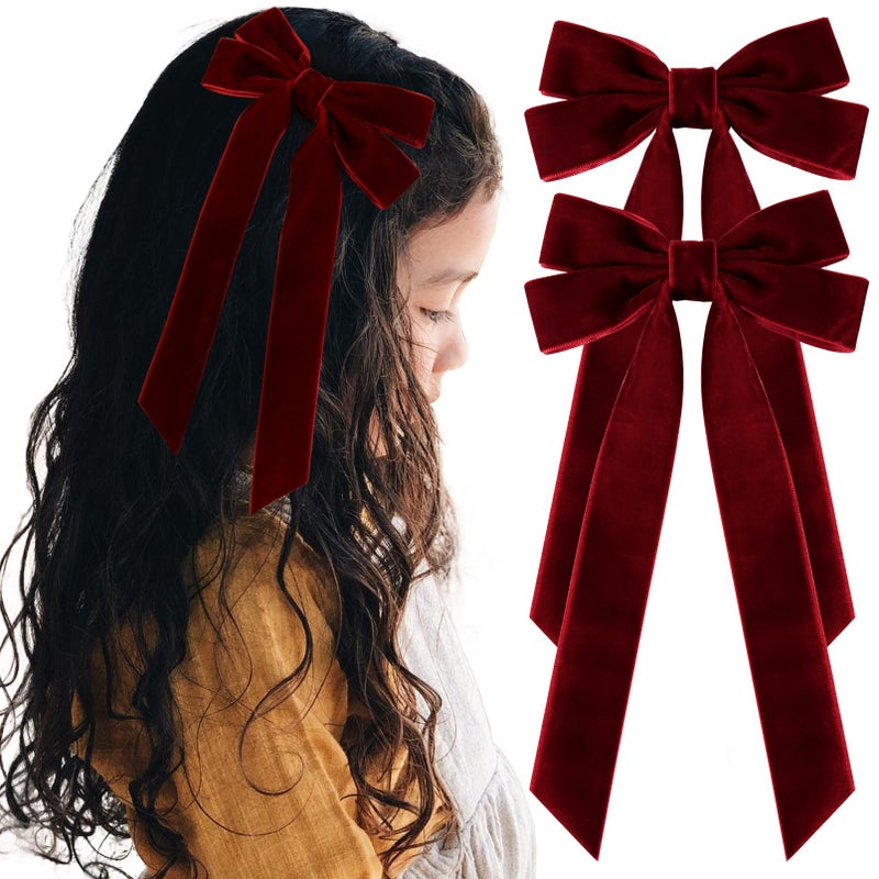 Aileam 2PCS Velvet Hair Bows Red Hair Ribbon Clips Big Fall Alligator Clips Hair Accessories for Women Girls Toddlers Kids Baby - Image 2