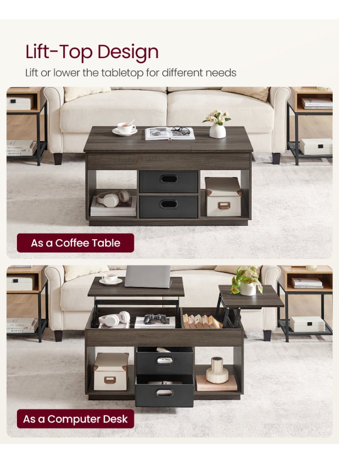 VASAGLE Lift Top Coffee Table with 2 Drawers and Hidden Compartments, Centre Table with Lift Tabletop, Open Compartments, for Living Room, Home Office, Ash Brown Color - Image 3