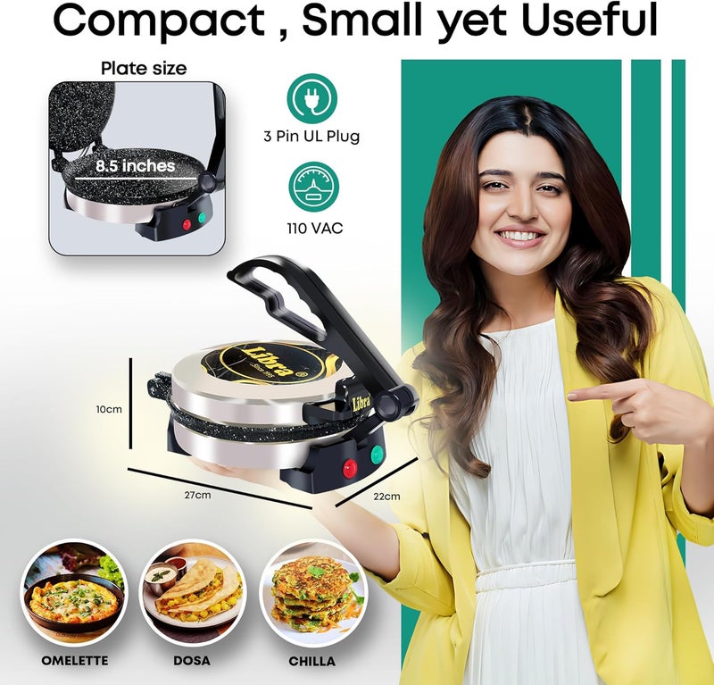 ليبرا آلة صنع الخبز “ليبرا روتي ميكر” (Libra Roti Maker Machine) – آلة ضغط التورتيلا الكهربائية مزودة بألواح غير لاصقة بقياس 8.5 بوصة ومقبض متين، بالإضافة إلى نظام تحكم آلي في درجة الحرارة مع أضواء إشارة. - Image 5