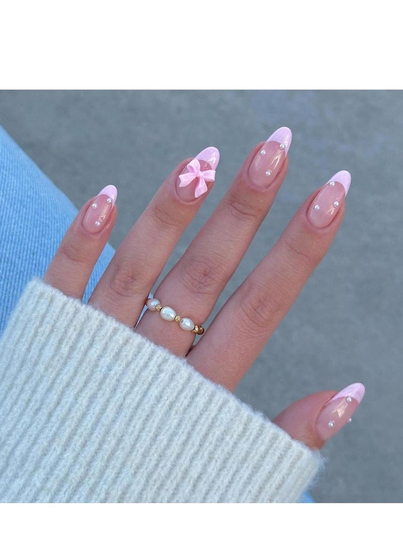 JOSQUEWNN French Tip Press on Nails,24Pcs,Exquisite Pink Press-On Nails with Pearl Bow Nail Art Stickers, Fashionable Removable Nail Tips Perfectly Showcasing Elegance and Personality, Fake Acrylic Nails With Glue Kit. - Image 1