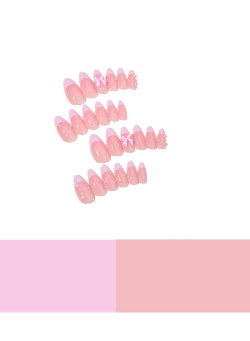 JOSQUEWNN French Tip Press on Nails,24Pcs,Exquisite Pink Press-On Nails with Pearl Bow Nail Art Stickers, Fashionable Removable Nail Tips Perfectly Showcasing Elegance and Personality, Fake Acrylic Nails With Glue Kit. - Image 2