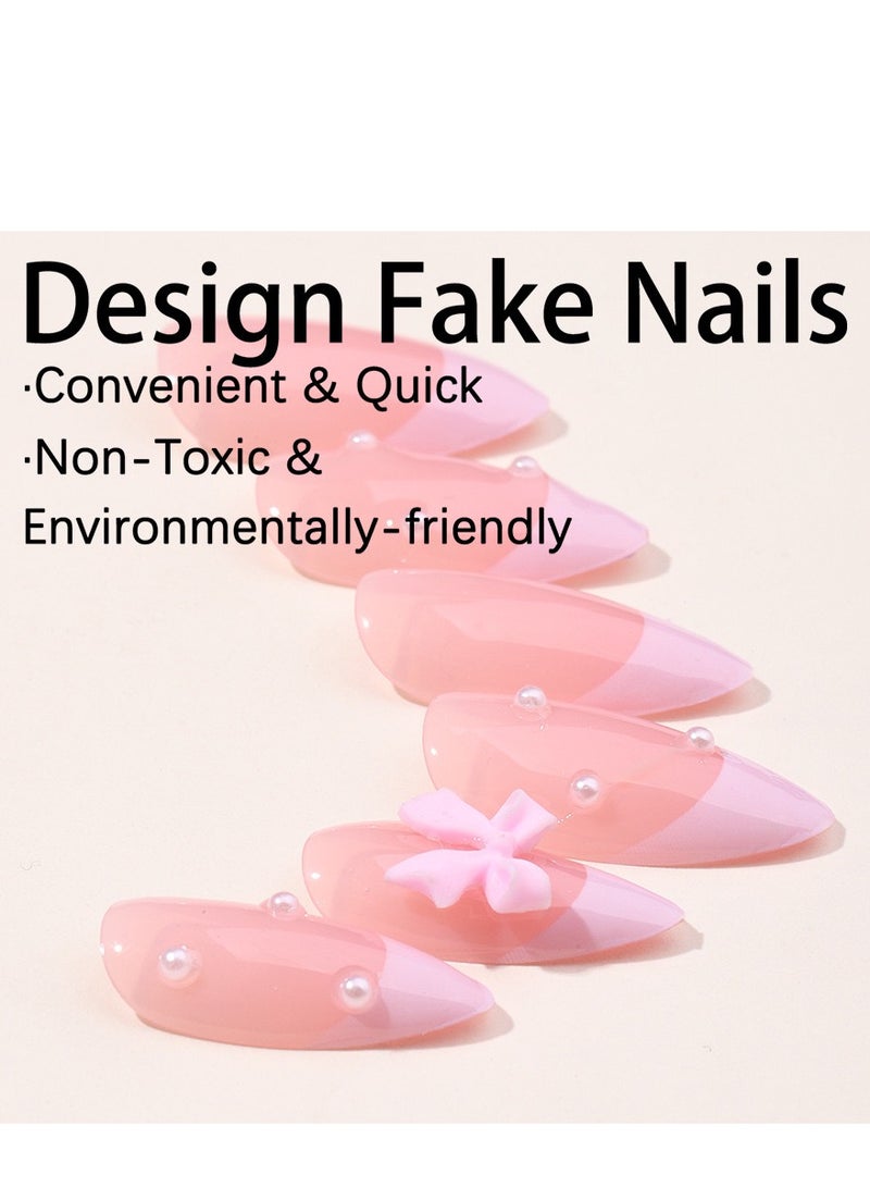 JOSQUEWNN French Tip Press on Nails,24Pcs,Exquisite Pink Press-On Nails with Pearl Bow Nail Art Stickers, Fashionable Removable Nail Tips Perfectly Showcasing Elegance and Personality, Fake Acrylic Nails With Glue Kit. - Image 3