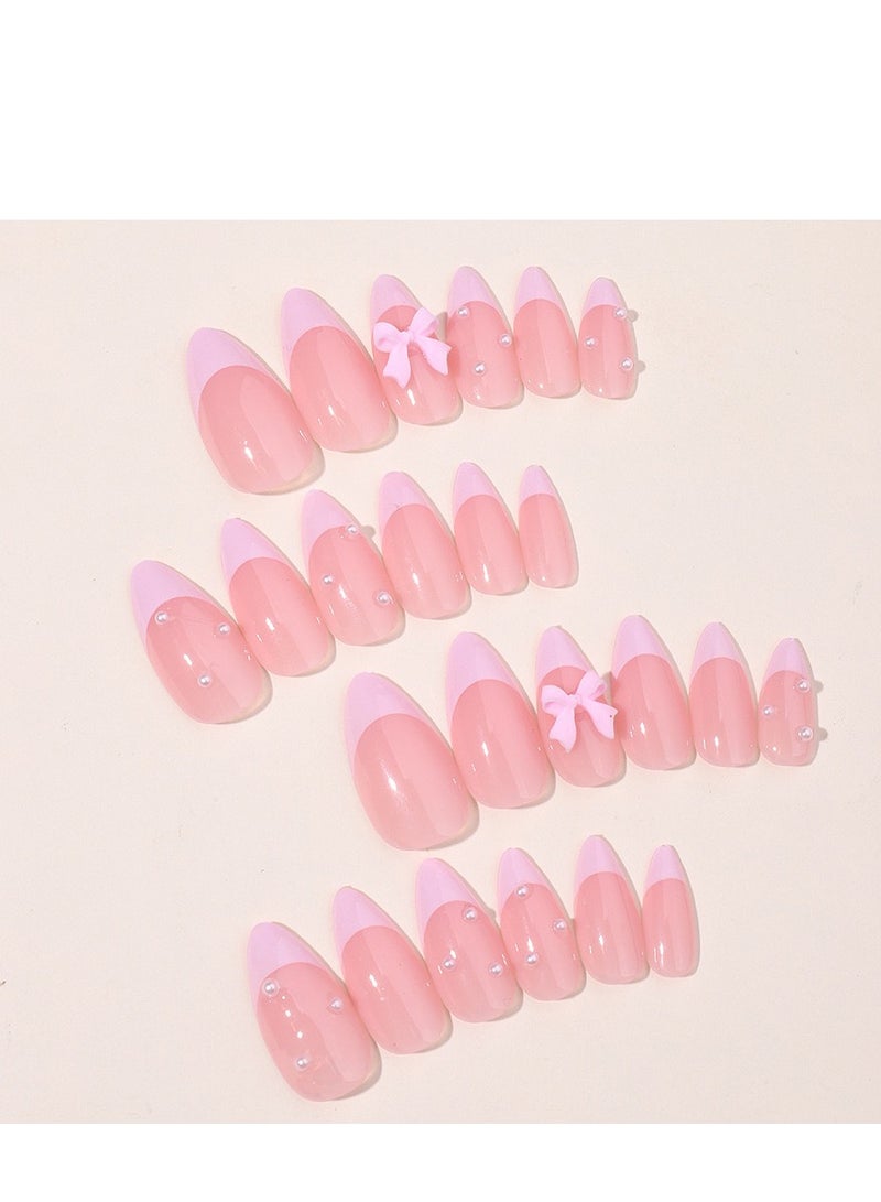 JOSQUEWNN French Tip Press on Nails,24Pcs,Exquisite Pink Press-On Nails with Pearl Bow Nail Art Stickers, Fashionable Removable Nail Tips Perfectly Showcasing Elegance and Personality, Fake Acrylic Nails With Glue Kit. - Image 5