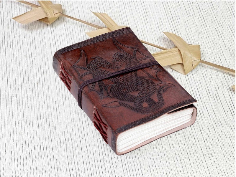 AzureGreen DOUBLE DRAGON Blank Page BOOK Handcrafted Leather Writing Unlined 5 x 7 JOURNAL (Brown) - Image 3