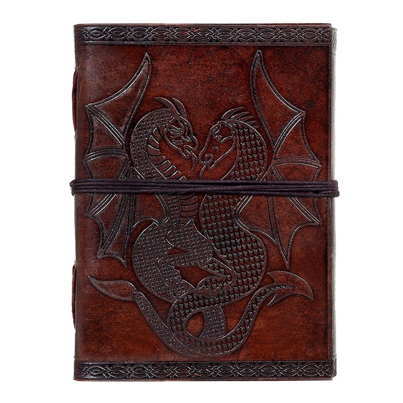AzureGreen DOUBLE DRAGON Blank Page BOOK Handcrafted Leather Writing Unlined 5 x 7 JOURNAL (Brown) - Image 2