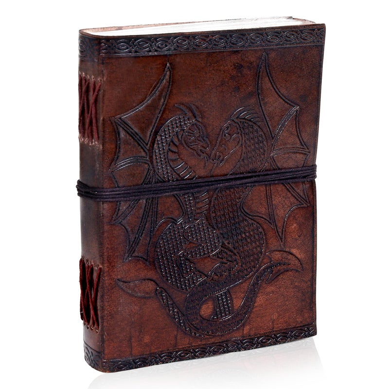 AzureGreen DOUBLE DRAGON Blank Page BOOK Handcrafted Leather Writing Unlined 5 x 7 JOURNAL (Brown) - Image 1