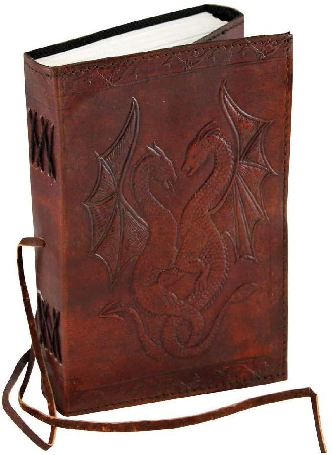 AzureGreen - AzureGreen DOUBLE DRAGON Blank Page BOOK Handcrafted Leather Writing Unlined 5 x 7 JOURNAL (Brown) - Image 1
