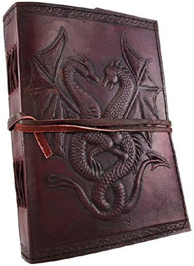 AzureGreen - AzureGreen DOUBLE DRAGON Blank Page BOOK Handcrafted Leather Writing Unlined 5 x 7 JOURNAL (Brown) - Image 1