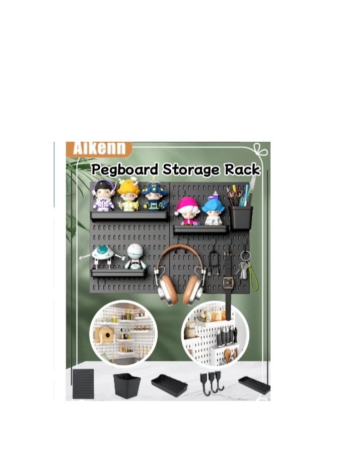 No-Drill Pegboard Storage Rack for Kitchen, Pegboard Accessories for Organization, Display Stand, Multifunctional Pegboard, Includes Pegboard, Container, Shelf, and Hooks 