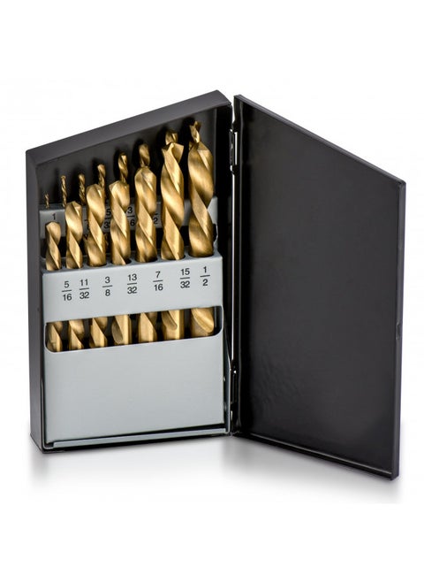 NEIKO 10037A Left-Hand Drill-Bit Set, High-Speed Steel Drills with Titanium Nitride Coating, Reverse-Twist Drill Bits, SAE Sizes, 15-Piece Set