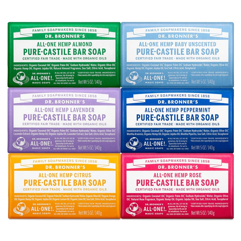 Dr Bronners  PureCastile Bar Soap 5 Ounce Variety Gift Pack Almond Unscented Lavender Peppermint Citrus Rose  Made with Organic Oils
