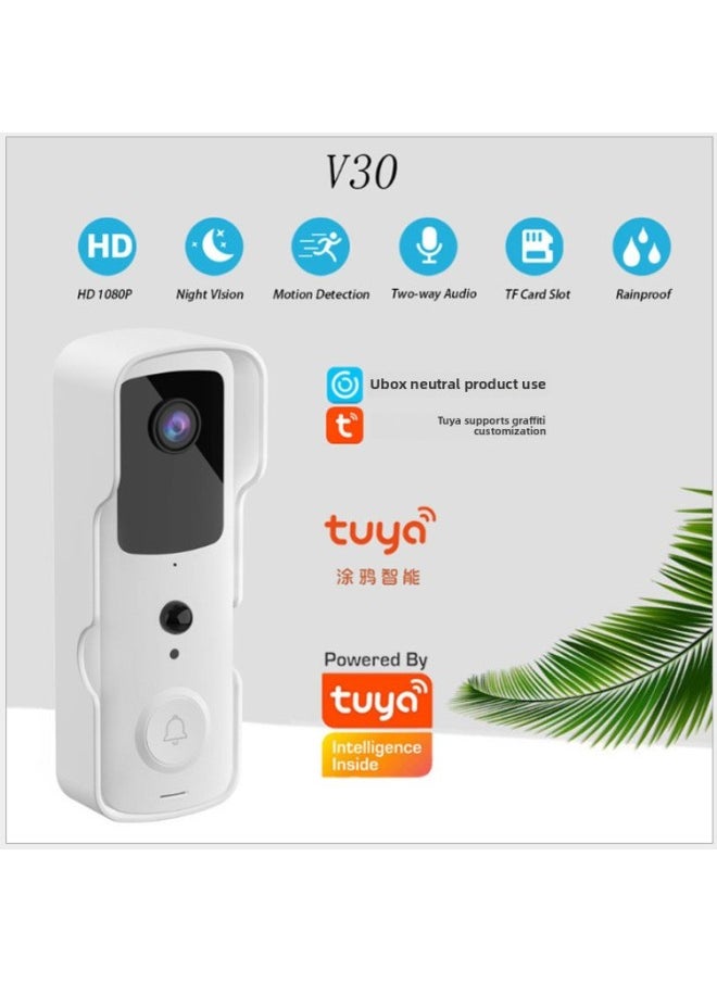 Generic Graffiti Smart Low Power Wireless Video Doorbell Intercom Mobile Phone Monitoring Wifi Doorbell Tuya Waterproof Base-Body Color:Black European Ding Dong  - Image 2