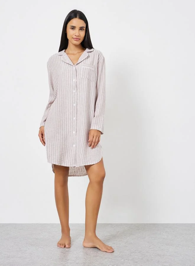 Styli Woven Linen Look Stripe Buttoned Nightshirt Dress