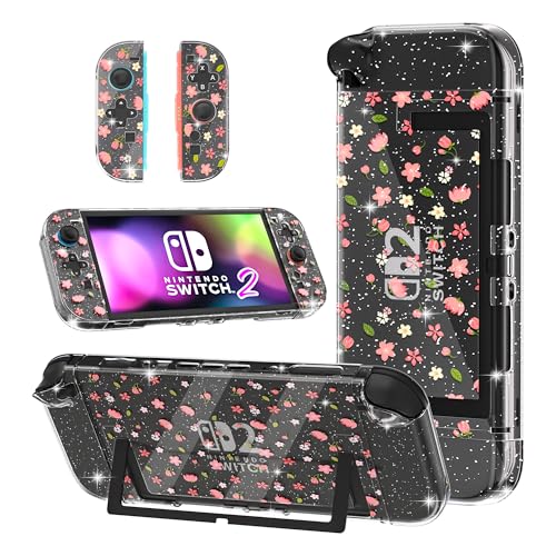 GLDRAM Cute Case for Nintendo Switch 2 2025 Clear Glitter Sakura PC Protective Case Split PC Joycon Cover Hardshell Shock Scratch Skin Protector Accessories for Girls Cherry Blossom - Image 1