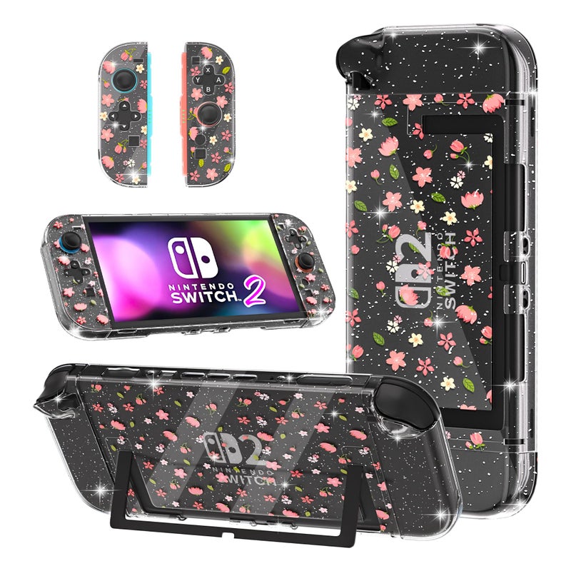 GLDRAM Cute Case for Nintendo Switch 2 2025 Clear Glitter Sakura PC Protective Case Split PC Joycon Cover Hardshell Shock Scratch Skin Protector Accessories for Girls Cherry Blossom - Image 2
