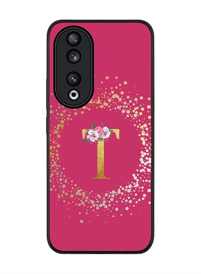 Stylizedd Rugged Black edge case for Honor 90 5G, Slim fit Flexible Thin Cover - Custom Monogram Initial Letter Floral Pattern Alphabet - T ( Deep Pink Rose ) - Image 1