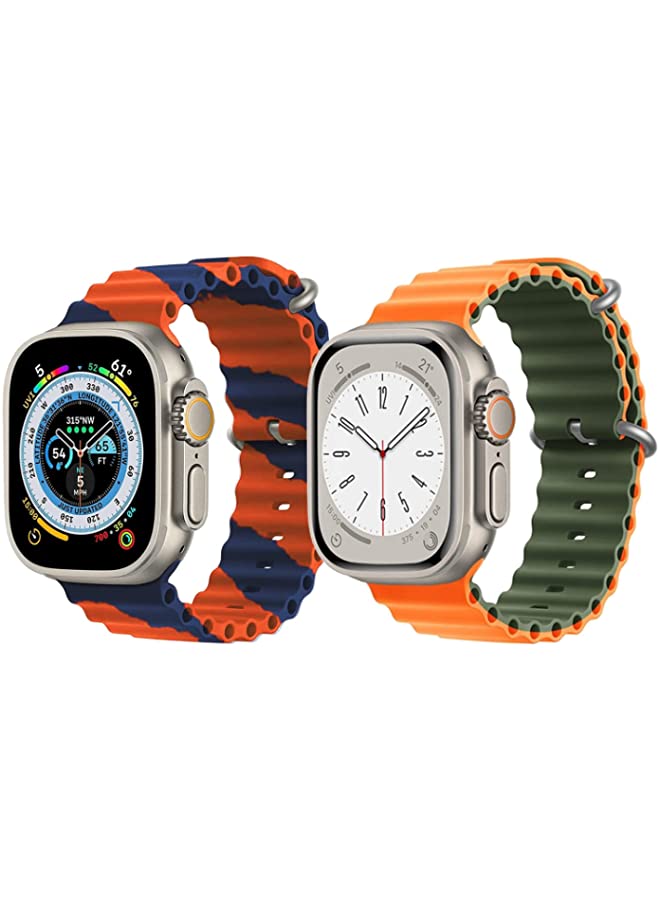 IAF Silicone Ocean Band Strap for Apple Watch Ultra 8 49mm Orange/Blue Double Line Strap with Orange/Green Double Side Strap Set of 2
