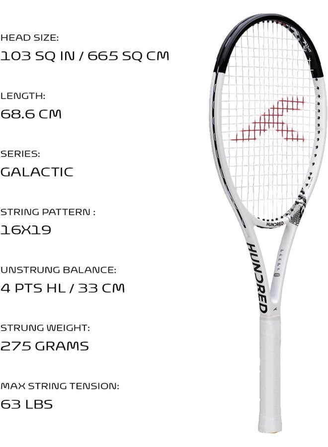HUNDRED Galactic Strung Tennis Racket With Full Cover | 4 Points Head Light | Grip Size 2 (4 1/4 Inches) | 275 Grams (White/Black) - Image 2