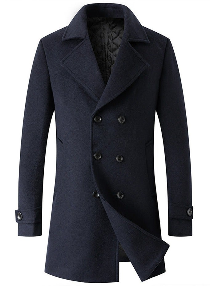 Loquat Men's Suit Collar Wool Blend Coat Winter Thick Trench Jacket Navy Blue 
