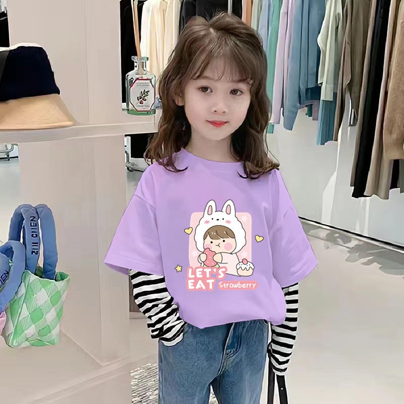 G2039# Girls' Long-Sleeved T-Shirt Spring New Children'S Base Shirt Pure Cotton All-Match Top Girl'S Stripe - Image 2