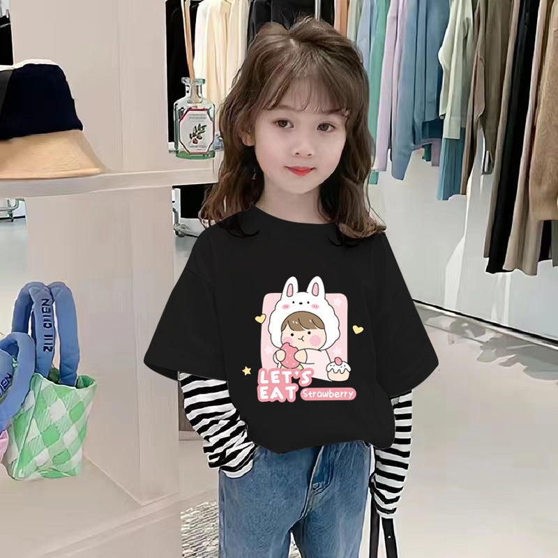 G2039# Girls' Long-Sleeved T-Shirt Spring New Children'S Base Shirt Pure Cotton All-Match Top Girl'S Stripe - Image 3