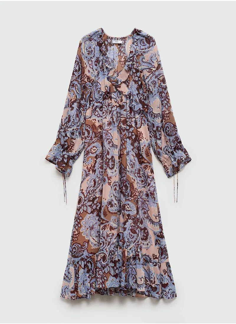 مانجو V-Neck Printed Flared Hem Dress