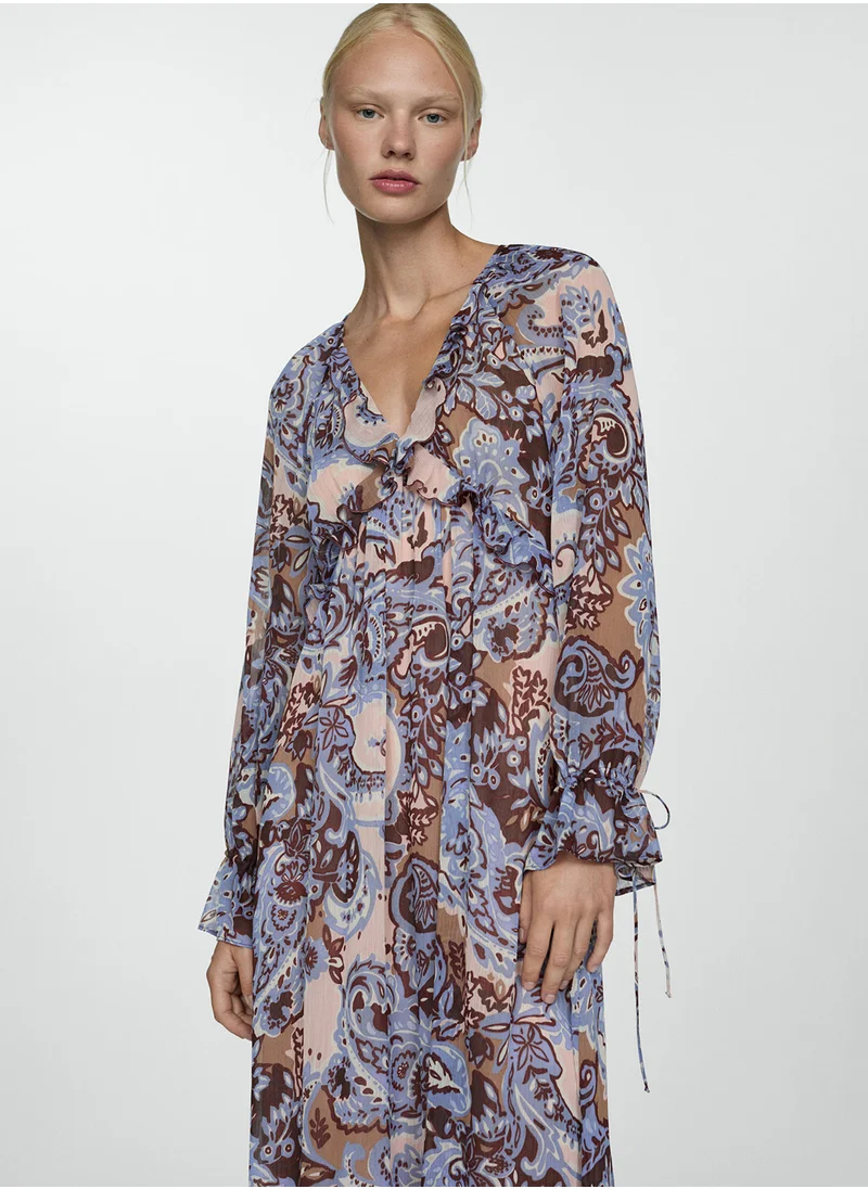 مانجو V-Neck Printed Flared Hem Dress