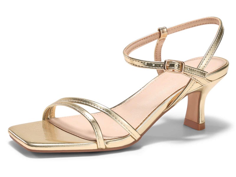 Coutgo Womens Strappy Low Kitten Heels Square Open Toe Sandals Ankle Strap Comfortable Summer Dressy Shoes, Gold, Size 7.5 - Image 4
