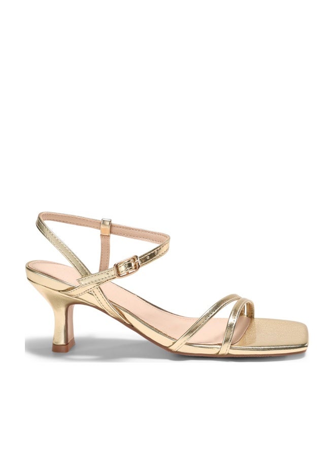 Coutgo Womens Strappy Low Kitten Heels Square Open Toe Sandals Ankle Strap Comfortable Summer Dressy Shoes, Gold, Size 7.5 - Image 1