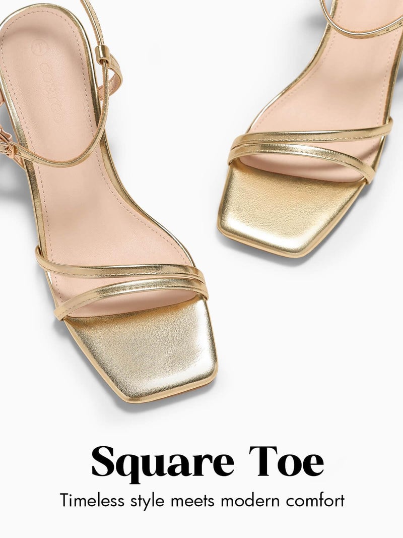 Coutgo Womens Strappy Low Kitten Heels Square Open Toe Sandals Ankle Strap Comfortable Summer Dressy Shoes, Gold, Size 7.5 - Image 2