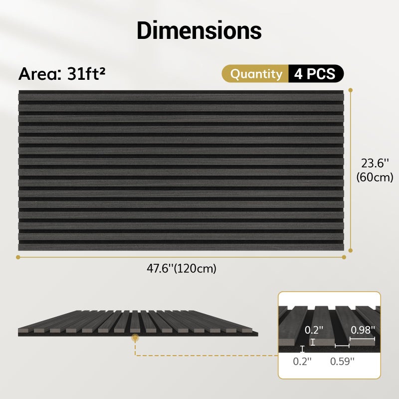 TONOR Wood Wall Panels for Interior Wall Decor, 4 Pack 47.2" x 23.6"(31ftÂ²) Wood Slat Acoustic Panels, Soundproof Wall Panels for Noise Cancelling and Decoration, Living Room, Bedroom, Office, Black - Image 3