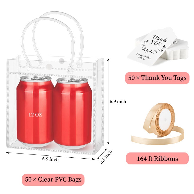 Mauproy 50 Pack Clear Plastic Gift Bags with Handles, Party Favor Bags with Ribbons and Tags, Reusable Goodie Tote Bags for Valentine's Day Wedding Baby Shower (6.9â€ x 6.9â€ x 3.5") - Image 2