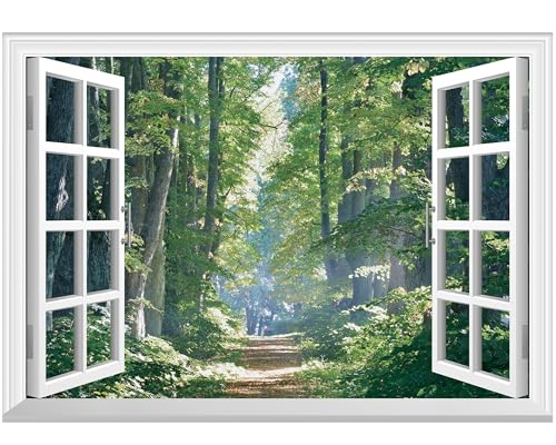 FLFK Fake Window Wall Decal Road in The Forest Faux Window Wall Mural for Wall Decor Peel and Stick Wall Sticker24x16 - Image 1