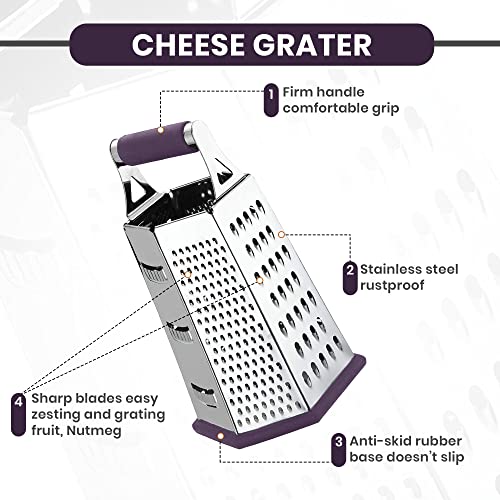 Utopia Kitchen Cheese Grater & Shredder Stainless Steel 6 Sided Box Grater Large Grating Surface with 6 Razor Sharp Blades Non-Slippery Rubber Bottom Plum - Image 2