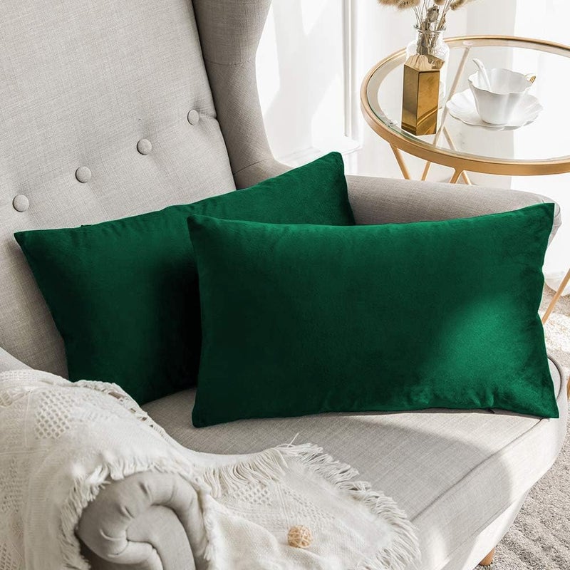 Khooti Rectangular Velvet Cushion Cover, 20x30 (Army Green)(Pack of 2) - Image 1
