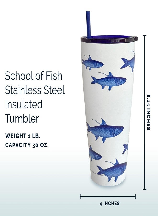 Caskata School of Fish Stainless Steel Insulated Tumbler | Cup, Lid & Straw Set for Travel, Commuting, & School | Perfect for Birthday, Christmas & Holiday Gifts | Blue on White Color | 30 oz - Image 2