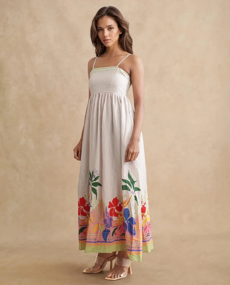 Rareism Women's Fit And Flare Midi Dress With Placement Floral Print