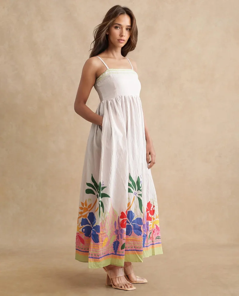 Rareism Women's Fit And Flare Midi Dress With Placement Floral Print