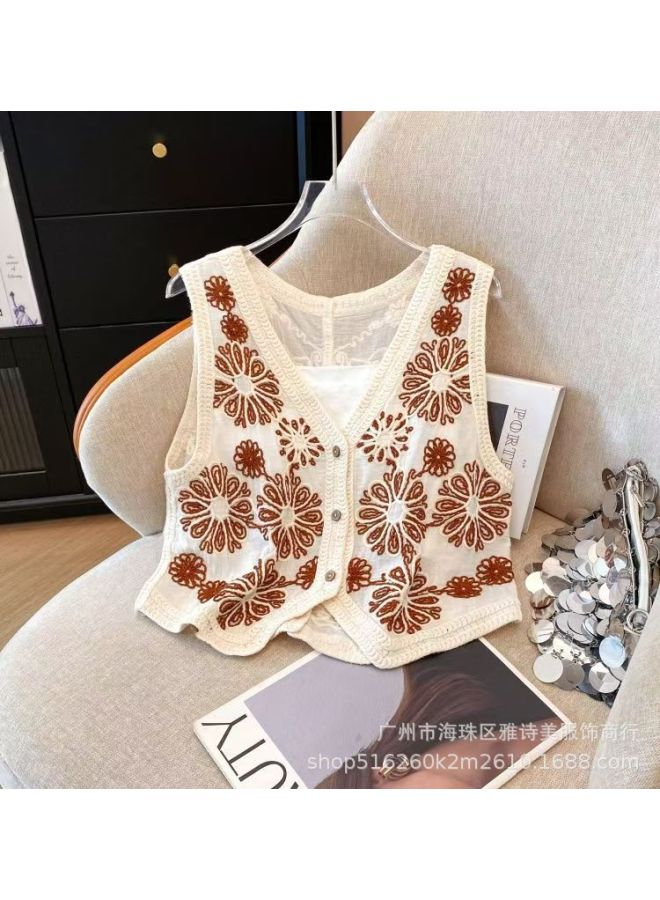 French V-neck Sleeveless Hollow Crocheted Vest Vest Women's Spring New Korean-style Slim Look All-match Trendy Outer Wear Top
