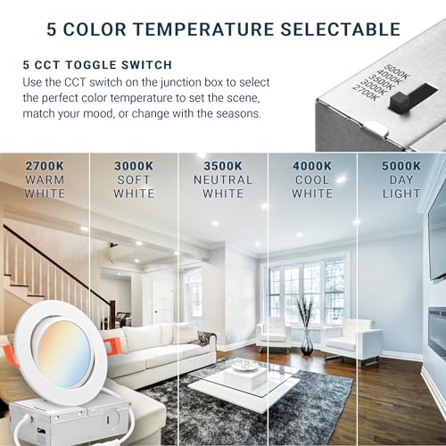 Parmida LED Technologies PARMIDA (6 Pack) 4 Inch LED Gimbal 5CCT Recessed Lighting, Directional Adjustable Canless Ceiling Light with J-Box, 2700K-5000K 5 Color Selectable, 9W, Eyeball Ultra-Thin Slim Panel, Dimmable, ETL - Image 3