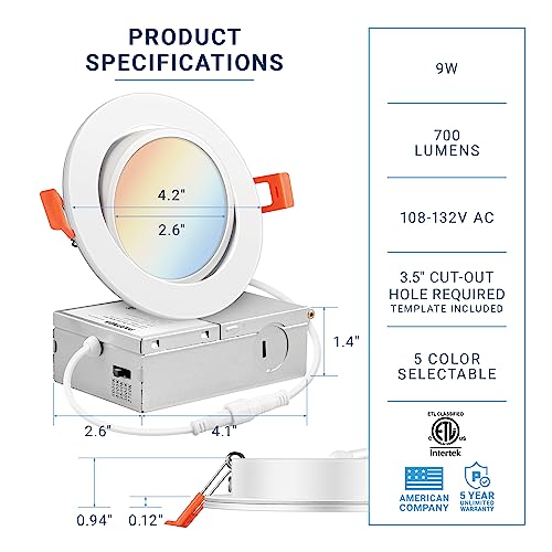 Parmida LED Technologies PARMIDA (6 Pack) 4 Inch LED Gimbal 5CCT Recessed Lighting, Directional Adjustable Canless Ceiling Light with J-Box, 2700K-5000K 5 Color Selectable, 9W, Eyeball Ultra-Thin Slim Panel, Dimmable, ETL - Image 2